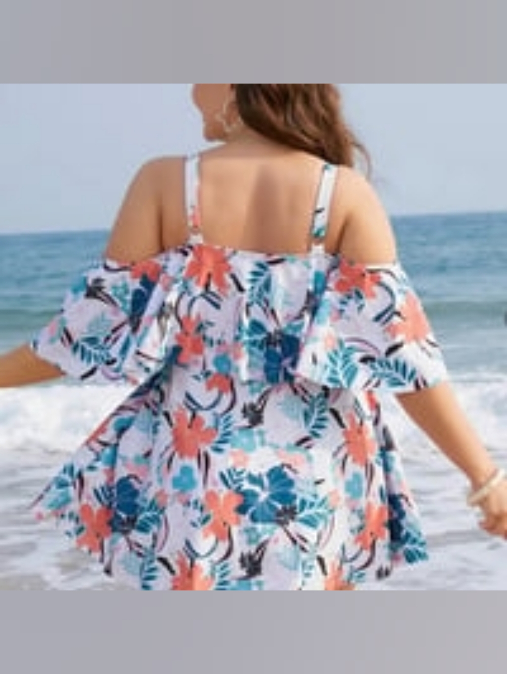 Bloomchic-Women's  22-24 Tropical Adjustable Straps Cold Shoulder Bathing Suit. - Picture 2 of 11
